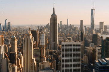 New Yorkin pilvenpiirtäjien ja muidenkin talojen kattoja näkyy kuvassa. Taustalla näkyy myös hieman vettä sekä taivasta.