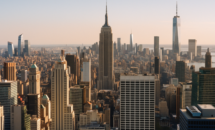New Yorkin pilvenpiirtäjien ja muidenkin talojen kattoja näkyy kuvassa. Taustalla näkyy myös hieman vettä sekä taivasta.
