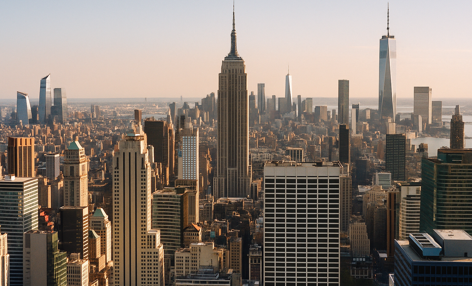 New Yorkin pilvenpiirtäjien ja muidenkin talojen kattoja näkyy kuvassa. Taustalla näkyy myös hieman vettä sekä taivasta.