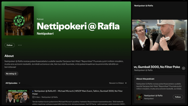 Nettipokeri @Rafla voi kuunnella ja katsella nykyään myös Spotifyssä
