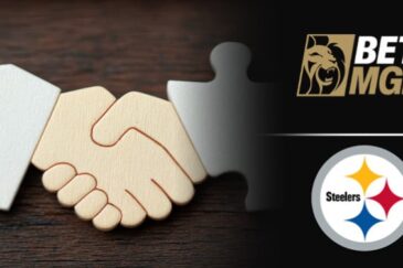 Piirretty käsien kättel. Tausta on ruskeaa. Oikeassa laidassa on BetMGM logo. BetMGM logon alla on Pitsburg Steelersin logo.