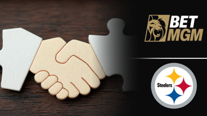 Piirretty käsien kättel. Tausta on ruskeaa. Oikeassa laidassa on BetMGM logo. BetMGM logon alla on Pitsburg Steelersin logo.