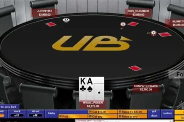 Kuvassa on ruutukaappaus nyt jo lakanneen UltimateBet (UB) -nettipokerisivuston pelipöydästä. Kuvan graafinen ilme edustaa vahvasti 2000-luvun puolivälin nettipokerin kulta-aikaa: pelipöytä on futuristisen musta ja sen keskellä on suuri kultainen "UB"-logo. Etualalla istuvan pelaajan, "WINALLPOKER", kortit ovat näkyvissä: hänellä on vahva aloituskäsi, pataässä ja ristikkuningas. Pelaajalla on parhaillaan toimintavuoro, ja hänen on valittava, kippaako hän kätensä, maksaako hän 10 dollaria vai korottaako hän. Pöydässä on myös muita pelaajia, kuten "COMPUTER DAVE" ja "JUDYS1951".