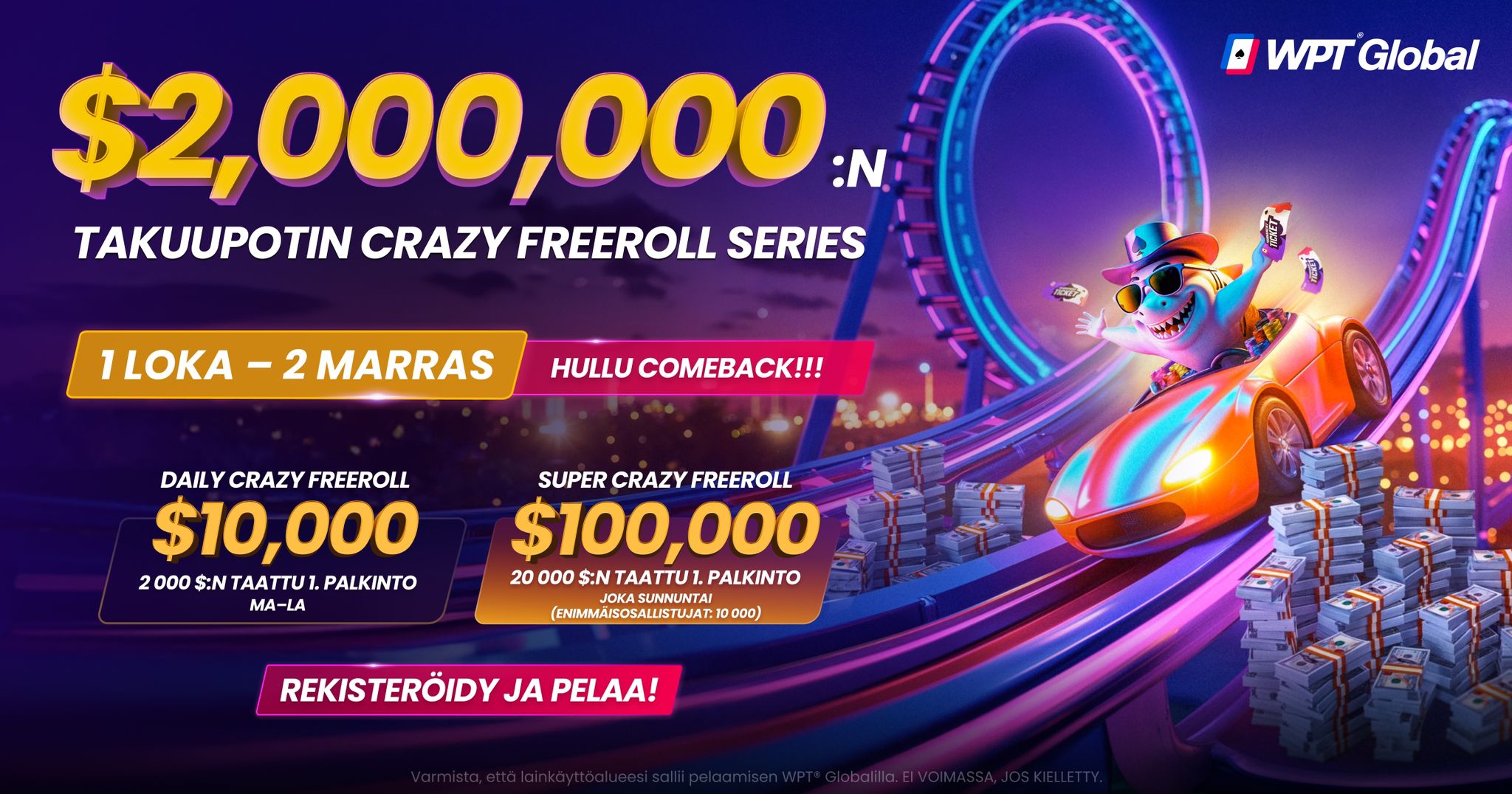 Piiretty auto ajaa vuoristoradalla. Auton kyydissä on hai, jolla on kädet pystyssä. Vuoristoradan vieressä on iso setelikasa.