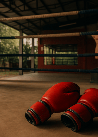 Thai-nyrkkeily sali sademetsän keskellä, säkki ja kaksi punaista nyrkkeilyhanskaa häkissä