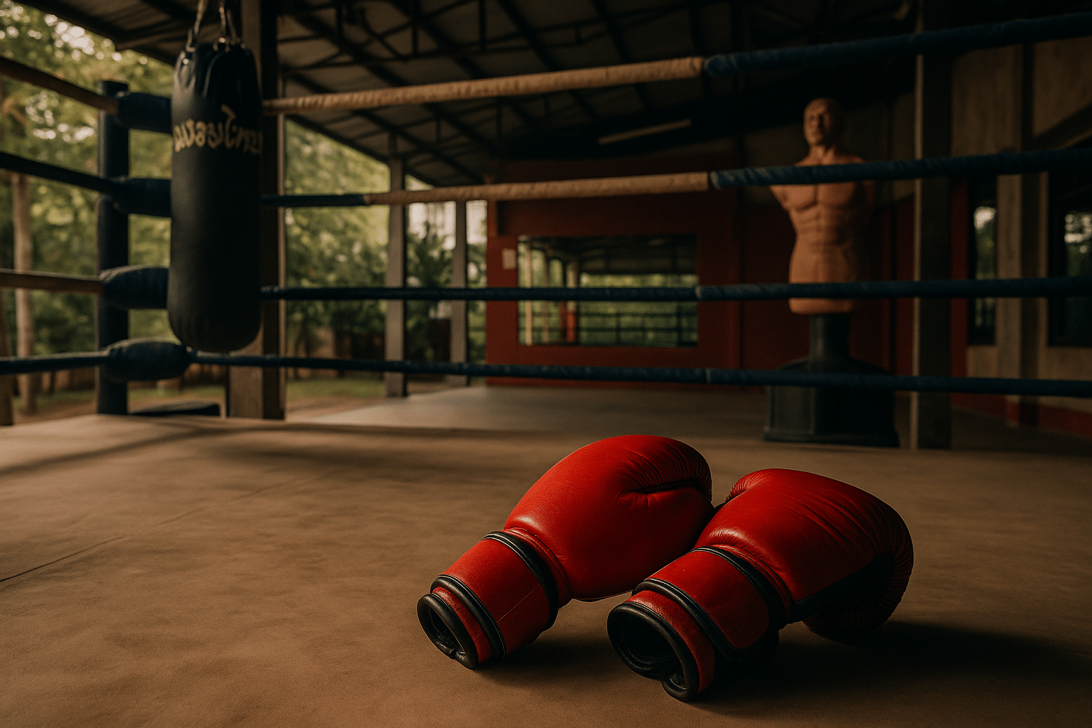 Thai-nyrkkeily sali sademetsän keskellä, säkki ja kaksi punaista nyrkkeilyhanskaa häkissä