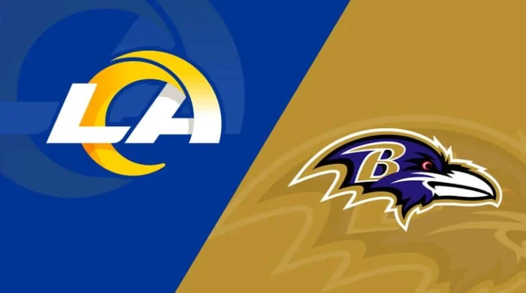 Los Angeles Ramsin ja Baltimore Ravensin logot vierekkäin