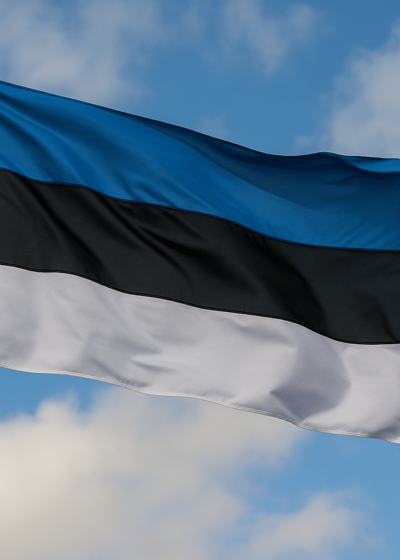 Lipputangossa heiluu Viron lippu. Lipun värit ovat sininen, musta ja valkoinen. Taustalla näkyy sinistä taivasta ja pilviä.