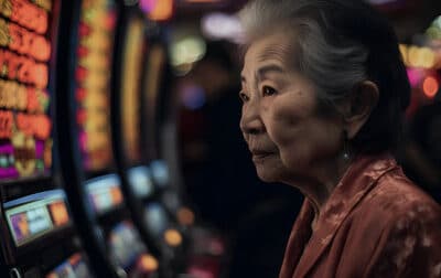 Aasialainen vanha nainen pelaa slottia