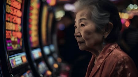 Aasialainen vanha nainen pelaa slottia