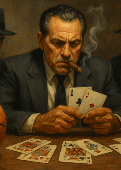 Kolme mafiosoja pelaa korttia, pöydällä on myös koripallo