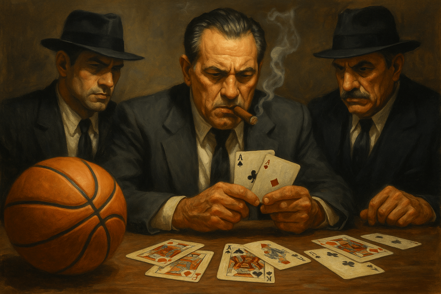 Kolme mafiosoja pelaa korttia, pöydällä on myös koripallo