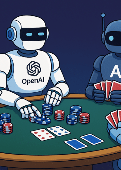 Neljä robottia istuu pokeripöydässä. Kaksi roboteista on väriltään vaalansinisiä, yksi tummansininen ja yksi valkoinen.