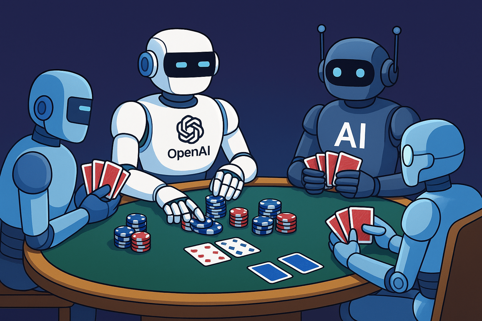 Neljä robottia istuu pokeripöydässä. Kaksi roboteista on väriltään vaalansinisiä, yksi tummansininen ja yksi valkoinen.