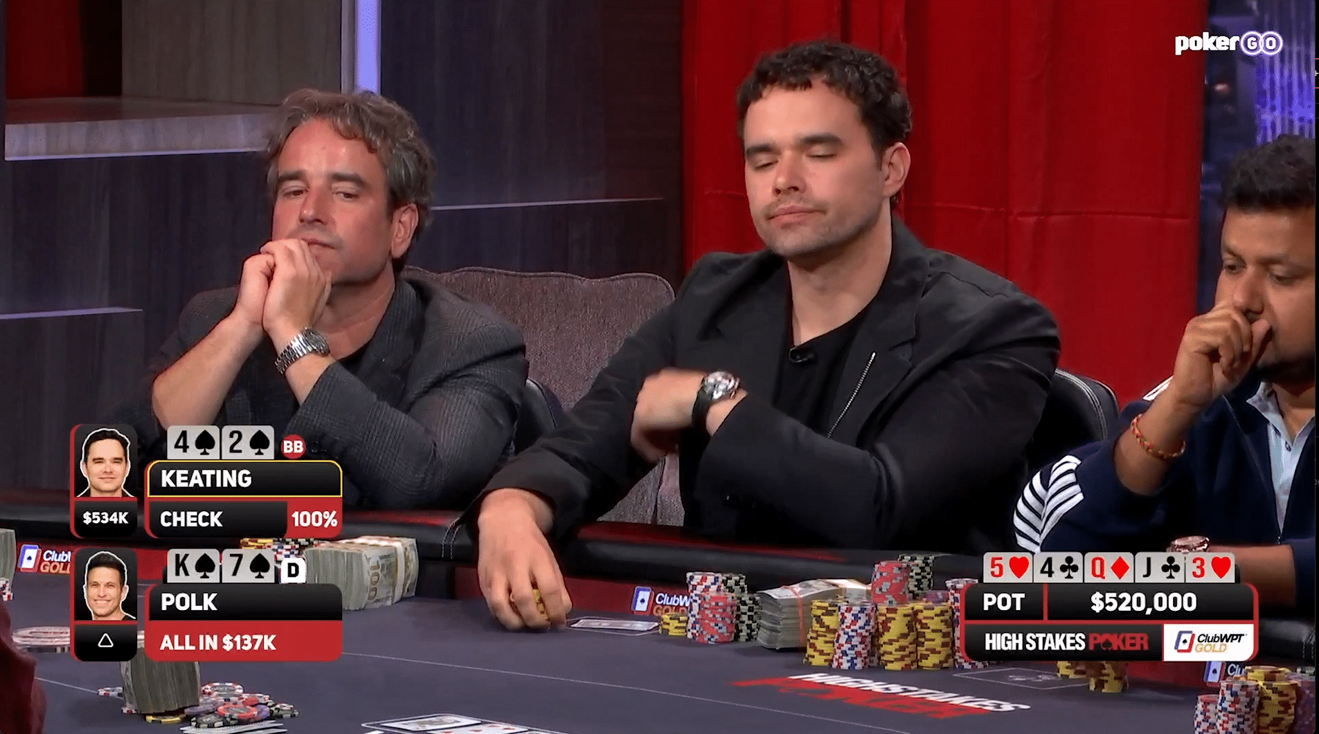 Kuvassa on jännittävä tilanne High Stakes Poker -televisio-ohjelmasta, jossa pelataan valtavista rahasummista. Pöydän keskellä istuu pokeriammattilainen Alan Keating rauhallisen näköisenä. Grafiikka paljastaa, että käynnissä on massiivinen, 520 000 dollarin potti. Keating on voittanut käden (100 % todennäköisyys) 4♠ 2♠ -korteillaan, jotka muodostivat parin pöydässä olevien korttien (5♥ 4♣ Q♦ J♣ 3♥) kanssa. Hänen vastustajansa Doug Polk (jonka grafiikka näkyy vasemmalla) on hävinnyt all-in-panostuksensa kuningashai-kädellä. Pöydällä näkyvät paksut seteliniput pelimerkkien seassa korostavat pelin poikkeuksellisen korkeita panoksia.