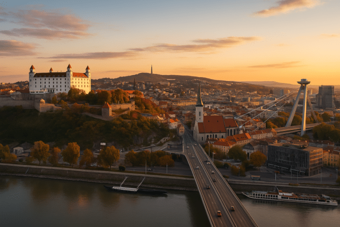 Edessä näkyy pitkä silta, joka menee joen yitse. Sillan takana näkyy paljon punakattoisia taloja. Vasemmalla kukkulan päällä on linna.
