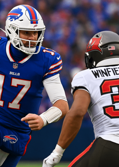 Kaksi miestä pelaavat amerikkalaista jalkapalloa. Toisella on pallo kädessään ja sininen pelipaita. Toinen on selkä edellä edessä.