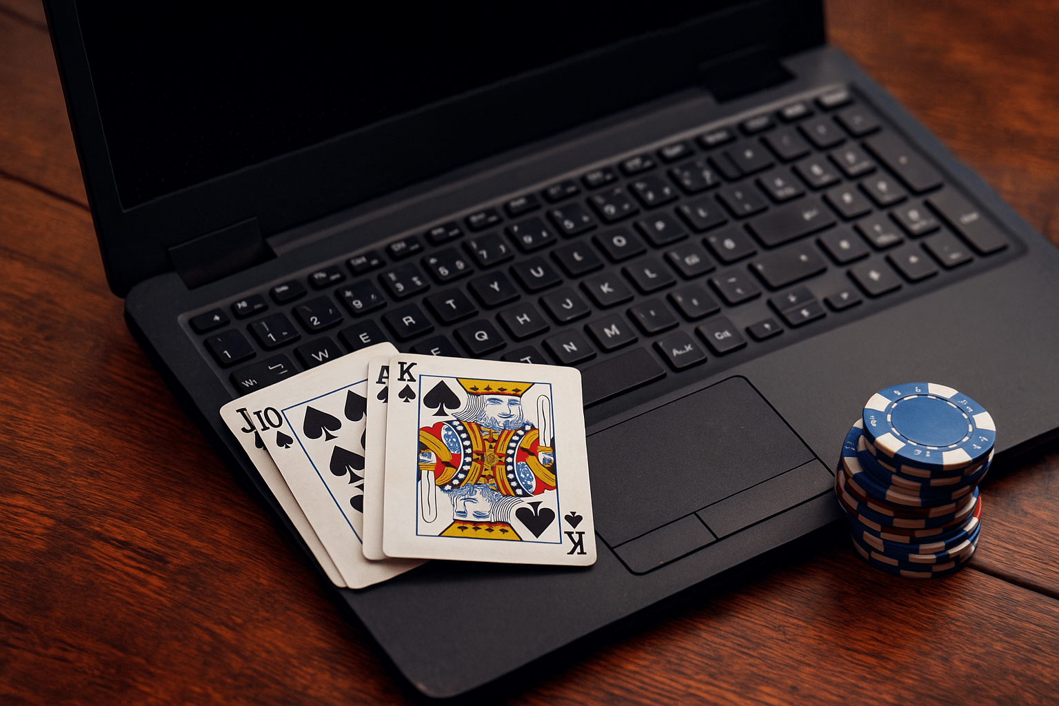Ruskean puisen pöydän päällä on läppäri. Läppärin päällä on tumma neljä pelikorttia. Läppärin edessä on pokerichippejä.