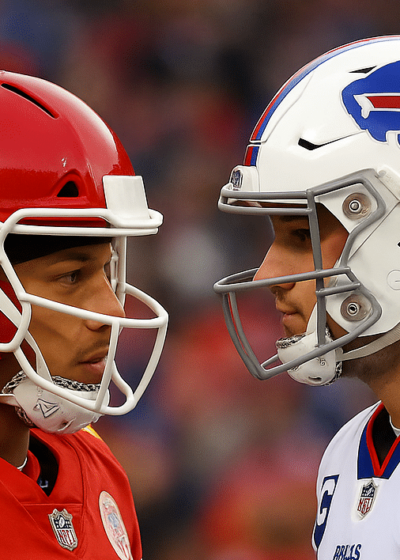 Kaksi amerikkalaisenjalkapallon pelaajaa seisovat vastakkain. Toisella on pelivarusteet punavalkoiset ja toisella sinivalkoiset.