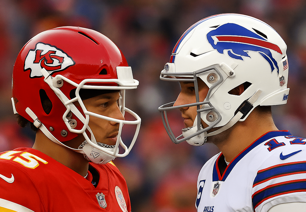 Kaksi amerikkalaisenjalkapallon pelaajaa seisovat vastakkain. Toisella on pelivarusteet punavalkoiset ja toisella sinivalkoiset.