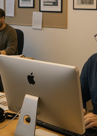 Nainen ja kaksi miestä istuvat tietokoneiden ääressä. Takana on vaalea seinä, jossa on tauluja. Edessä on hopeinen näyttö.