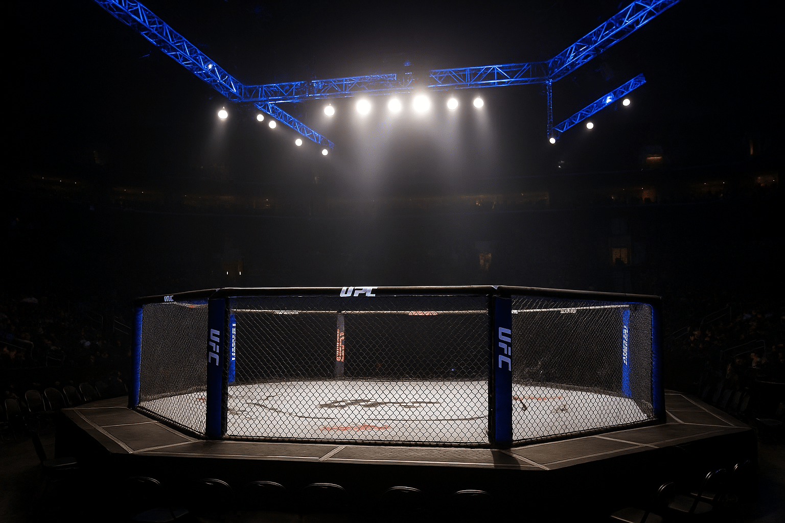 Keskellä kuvassa on vaapaaottelukehä. Kehän pohja on valkoinen. Tausta on aika tummaa, mutta taustavalot valaisevat kehää.