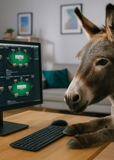 Aasi on laittanut kaviot pöydälle. Pöydällä on näppäimistön ja hiiren lisäksi tietokoneen näyttö, jossa näkyy nettipokeripöytiä.