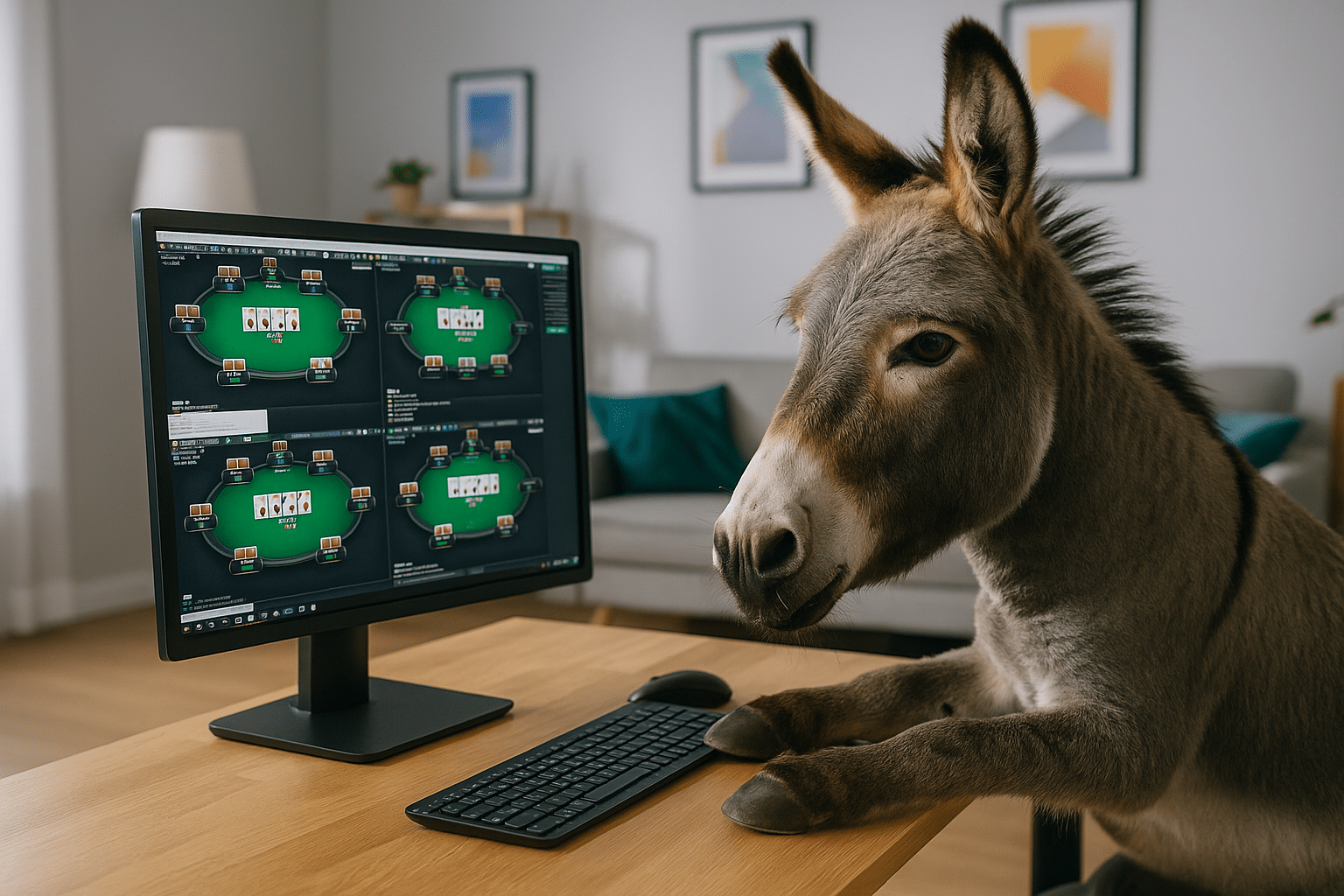 Aasi on laittanut kaviot pöydälle. Pöydällä on näppäimistön ja hiiren lisäksi tietokoneen näyttö, jossa näkyy nettipokeripöytiä.