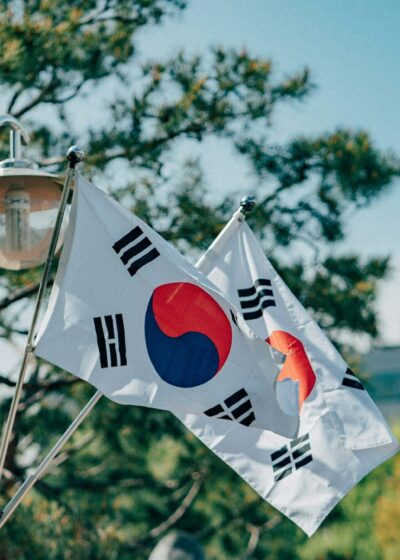 Kuvassa on kaksi Etelä-Korean lippua, jotka on kiinnitetty metalliseen, kaksihaaraiseen katuvalopylvääseen. Liput riippuvat viistosti alaspäin. Etualalla ja lippujen takana näkyy vihreitä havupuita. Taustalla siintää epätarkkana kaupunkimaisema, jossa erottuu vaaleita rakennuksia ja mainoskylttejä. Sää on aurinkoinen ja taivas on kirkkaansininen, mikä luo kuvaan raikkaan päivänvalon tunnelman.