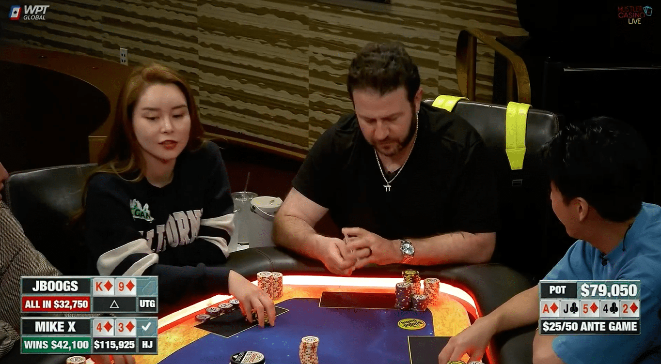 Kuvassa on ruutukaappaus erittäin jännittävästä pokerikädestä Hustler Casino Live -ohjelmasta. Tilanne on kriittinen: pöydässä on neljä ruutua, ja kahdella pelaajalla on ruutukortit, mikä takaa värin molemmille. Grafiikka näyttää pelaaja "JBOOGSin" (vasemmalla) olevan all-in 32 750 dollarilla, kädessään kuningas-yhdeksän-ruutua. Hänen vastustajallaan "MIKE X:llä" on nelos-kolmos-ruutua, joka pöydän korttien avulla muodostaa korkeamman, ässähain värin. Pelaajat, mukaan lukien keskellä istuva parrakas mies, seuraavat tilannetta intensiivisesti, kun potti on kasvanut massiiviseen 79 050 dollariin.