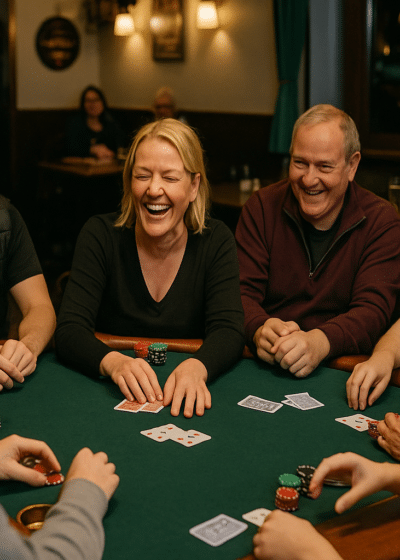 Ihmisiä istuu pokeripöydässä. Kaikilla tuntuu olevan hauskaa ja he nauravat. Vihreällä pöydällä on pelimerkkejä ja pelikortteja.