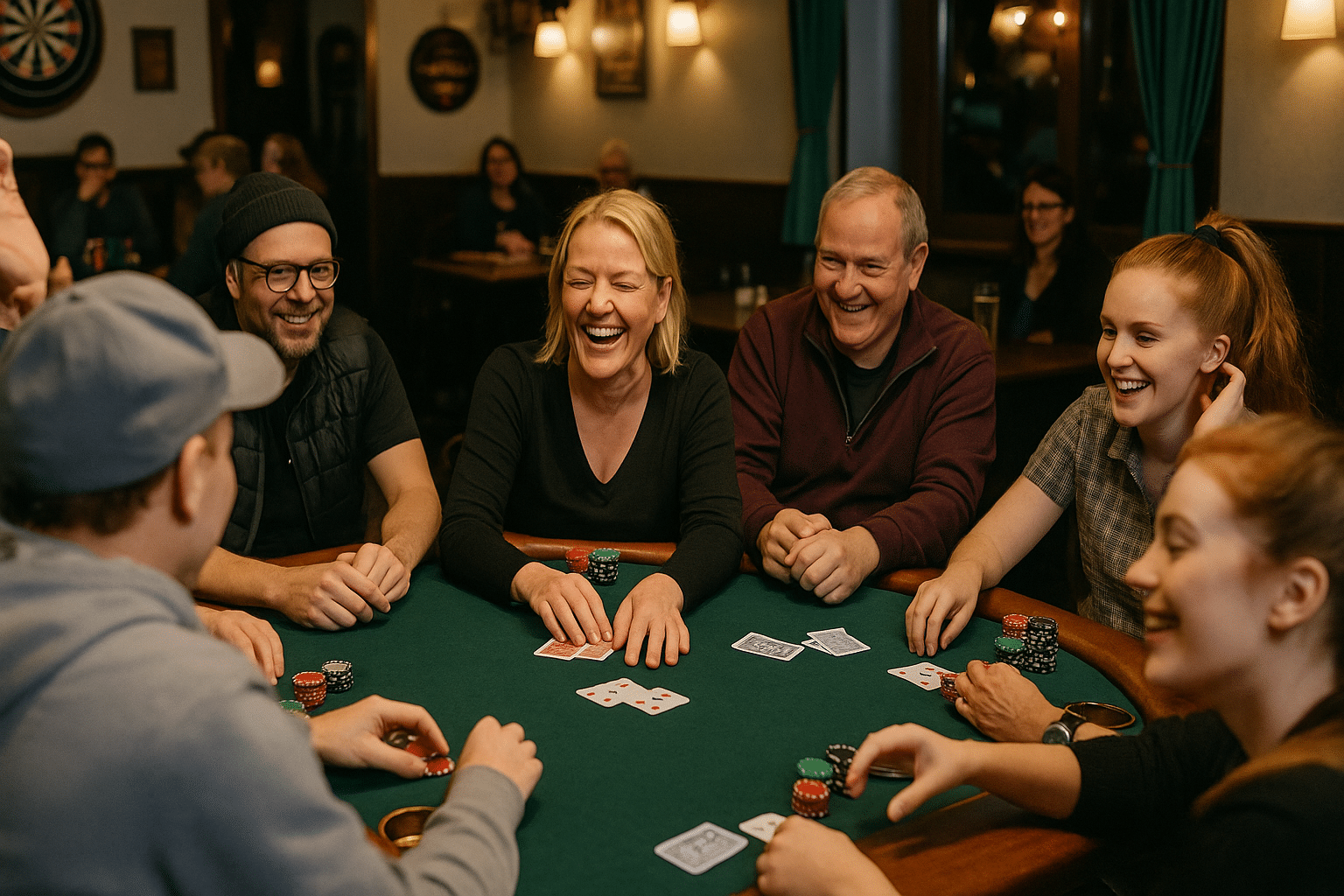 Ihmisiä istuu pokeripöydässä. Kaikilla tuntuu olevan hauskaa ja he nauravat. Vihreällä pöydällä on pelimerkkejä ja pelikortteja.