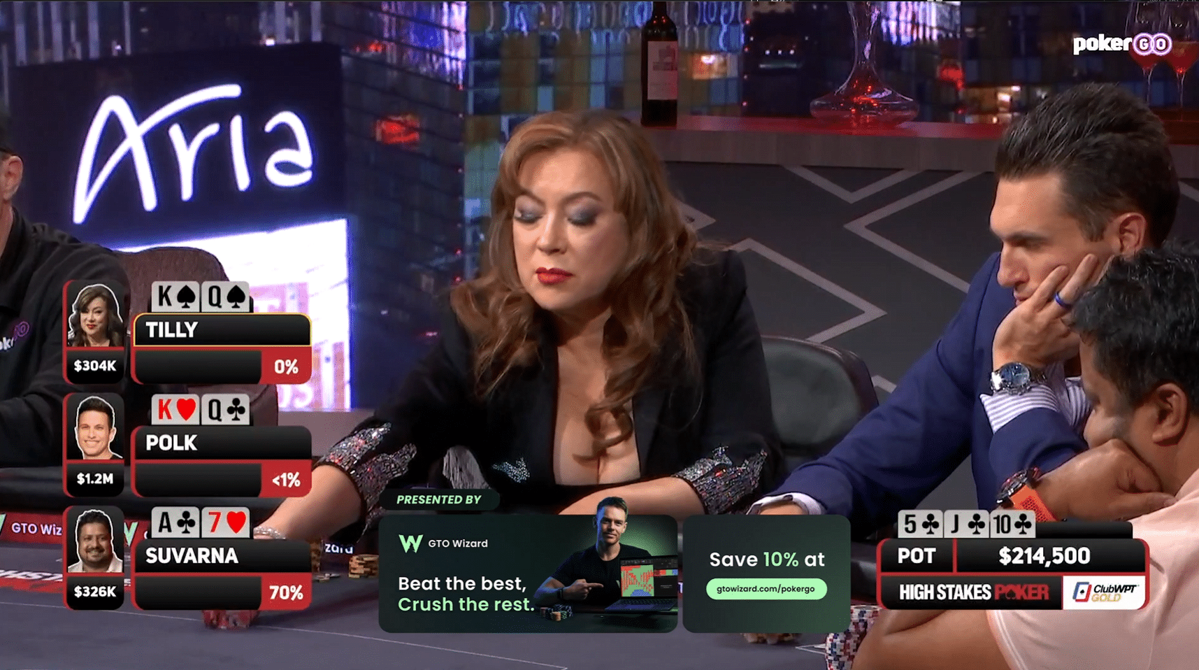 Kuvassa on näyttelijä ja pokerinpelaaja Jennifer Tilly syventyneenä peliin High Stakes Poker -televisio-ohjelmassa. Hän istuu pokeripöydän ääressä vakava ja keskittynyt ilme kasvoillaan, pukeutuneena mustaan, kimaltavilla hihansuilla varustettuun yläosaan. Ruudun grafiikat paljastavat merkittävän pelitilanteen: potissa on 214 500 dollaria. Tillyn kädeksi on merkitty pata-kuningas ja pata-kuningatar (K♠ Q♠). Taustalla näkyvä kirkas Aria-kasinon logo sijoittaa tapahtuman Las Vegasiin. Tillyn vieressä oikealla istuu mies sinisessä pikkutakissa seuraten tilannetta mietteliäänä käsi leuallaan.
