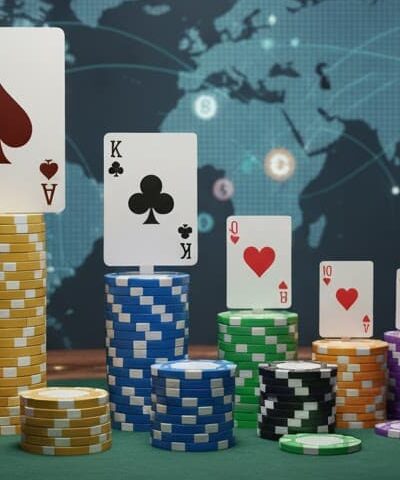 Kyseessä on tyylitelty, digitaalisesti luotu kuva, joka havainnollistaa pokerin maailmanlaajuisia markkinaosuuksia. Etualalla on vihreä pokeripöytä, jota valaisevat dramaattisesti useat spottivalot. Pöydällä on erivärisiä pelimerkkipinoja, joiden vaihtelevat korkeudet muistuttavat pylväsdiagrammia, symboloiden eri markkinaosuuksia. Joidenkin pinojen päällä on pelikortteja, kuten pataässä ja ristikuningas. Taustalla häämöttää tumma, digitaalinen maailmankartta, joka korostaa teeman kansainvälisyyttä.