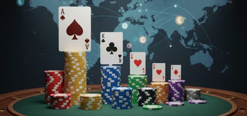 Kyseessä on tyylitelty, digitaalisesti luotu kuva, joka havainnollistaa pokerin maailmanlaajuisia markkinaosuuksia. Etualalla on vihreä pokeripöytä, jota valaisevat dramaattisesti useat spottivalot. Pöydällä on erivärisiä pelimerkkipinoja, joiden vaihtelevat korkeudet muistuttavat pylväsdiagrammia, symboloiden eri markkinaosuuksia. Joidenkin pinojen päällä on pelikortteja, kuten pataässä ja ristikuningas. Taustalla häämöttää tumma, digitaalinen maailmankartta, joka korostaa teeman kansainvälisyyttä.