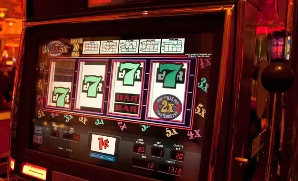 Kuvassa on peliautomaatti, jonka kirkkaasti valaistu näyttö esittää klassista kolikkopeliä. Ruudulla näkyy neljä rullaa, joista kolmessa on vihreä numero seitsemän ja yhdessä “BAR”-symboli sekä “2x”-kerroin. Pelin teema on perinteinen kasino-tyylinen, ja sen ympärillä loistaa lämmin, punertava valaistus, joka luo tunnelmallisen ja houkuttelevan ilmapiirin. Näytön alareunassa on tietoja panoksesta, voitoista ja krediiteistä, ja kolikoiden arvo on yksi sentti. Oikealla puolella näkyy metallinen pelivipu. Kuva välittää Las Vegas -tyylistä jännitystä ja pelaamisen odotuksen tunnetta.