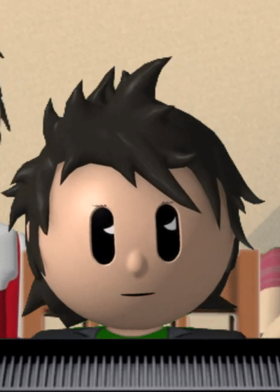 Kuvassa näkyy kolme animaatiohahmoa, jotka seisovat tai istuvat yhdessä tietokoneen äärellä. Keskellä on lapselta näyttävä hahmo, jolla on tummat, pörröiset hiukset ja mustat, suuret silmät. Hänen molemmin puolin seisovat aikuisen oloiset hahmot: vasemmalla mies, jolla on lyhyet tummat hiukset ja punavalkoinen asu, sekä oikealla nainen, jolla on tummansiniset hiukset, punaiset hiuskoristeet ja värikäs vaaleansinisen–pinkinvärinen paita. He kaikki katsovat samaan suuntaan – kohti ruutua kuvan etualalla. Tunnelma vaikuttaa rauhalliselta ja perhemaiselta, ikään kuin he yhdessä seuraisivat jotain ohjelmaa tai opetusmateriaalia tietokoneelta.