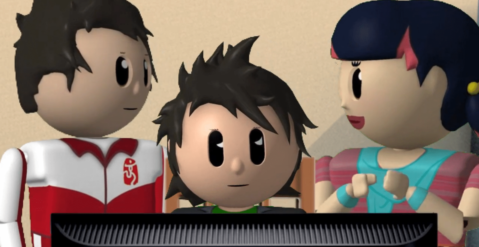 Kuvassa näkyy kolme animaatiohahmoa, jotka seisovat tai istuvat yhdessä tietokoneen äärellä. Keskellä on lapselta näyttävä hahmo, jolla on tummat, pörröiset hiukset ja mustat, suuret silmät. Hänen molemmin puolin seisovat aikuisen oloiset hahmot: vasemmalla mies, jolla on lyhyet tummat hiukset ja punavalkoinen asu, sekä oikealla nainen, jolla on tummansiniset hiukset, punaiset hiuskoristeet ja värikäs vaaleansinisen–pinkinvärinen paita. He kaikki katsovat samaan suuntaan – kohti ruutua kuvan etualalla. Tunnelma vaikuttaa rauhalliselta ja perhemaiselta, ikään kuin he yhdessä seuraisivat jotain ohjelmaa tai opetusmateriaalia tietokoneelta.