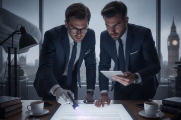 Tässä kuvassa kaksi pukumiehen näköistä henkilöä tutkii valkoista asiakirjaa toimiston pöydällä. Toinen miehistä pitää UV-lamppua paperin yläpuolella, ja paperi hehkuu valaistuksen alla paljastaen "näkymätöntä" tekstiä. Toinen mies katsoo taulutietokoneelta. Pöydällä on myös suurennuslasi, kahvikuppeja, ja rypistyneitä papereita. Kuvassa on ikkunan läpi näkymä sumuisen kaupungin ylle, ja taustalla erottuu tunnistettavia brittiläisiä maamerkkejä, kuten Big Ben. Tunnelma on jännittynyt ja salaperäinen, mikä viittaa meneillään olevaan tutkintaan tai salaisuuksien paljastumiseen. Kuvan tyyli ja valaistus korostavat draamaa ja mysteeriä.