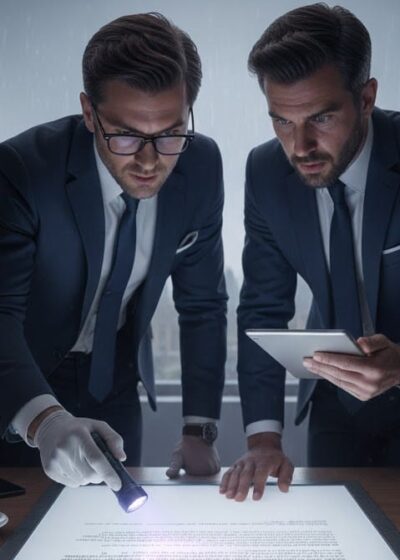 Tässä kuvassa kaksi pukumiehen näköistä henkilöä tutkii valkoista asiakirjaa toimiston pöydällä. Toinen miehistä pitää UV-lamppua paperin yläpuolella, ja paperi hehkuu valaistuksen alla paljastaen "näkymätöntä" tekstiä. Toinen mies katsoo taulutietokoneelta. Pöydällä on myös suurennuslasi, kahvikuppeja, ja rypistyneitä papereita. Kuvassa on ikkunan läpi näkymä sumuisen kaupungin ylle, ja taustalla erottuu tunnistettavia brittiläisiä maamerkkejä, kuten Big Ben. Tunnelma on jännittynyt ja salaperäinen, mikä viittaa meneillään olevaan tutkintaan tai salaisuuksien paljastumiseen. Kuvan tyyli ja valaistus korostavat draamaa ja mysteeriä.