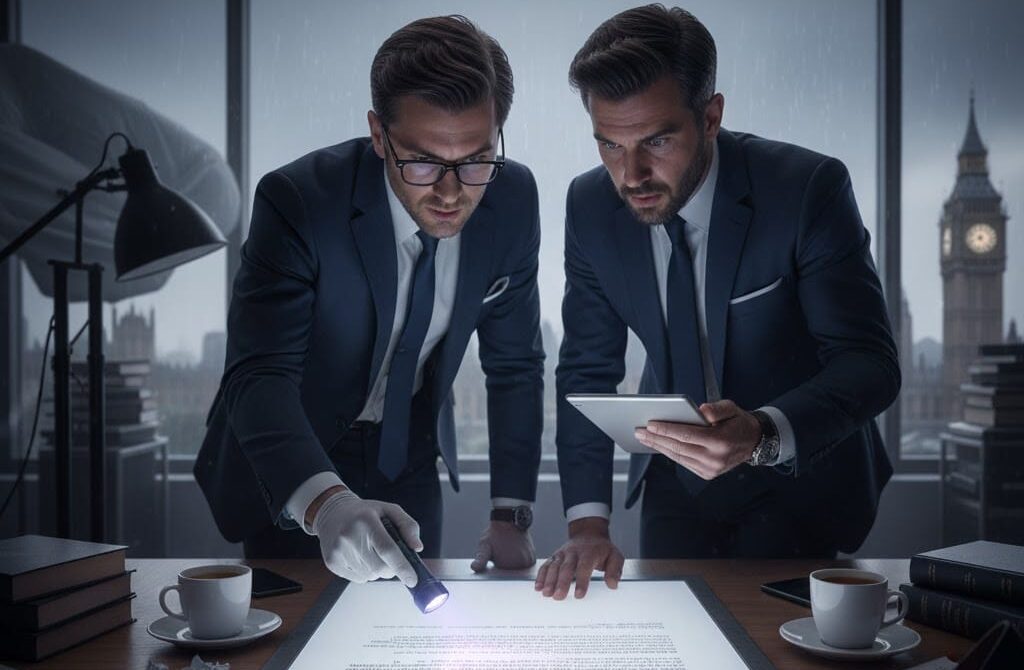Tässä kuvassa kaksi pukumiehen näköistä henkilöä tutkii valkoista asiakirjaa toimiston pöydällä. Toinen miehistä pitää UV-lamppua paperin yläpuolella, ja paperi hehkuu valaistuksen alla paljastaen "näkymätöntä" tekstiä. Toinen mies katsoo taulutietokoneelta. Pöydällä on myös suurennuslasi, kahvikuppeja, ja rypistyneitä papereita. Kuvassa on ikkunan läpi näkymä sumuisen kaupungin ylle, ja taustalla erottuu tunnistettavia brittiläisiä maamerkkejä, kuten Big Ben. Tunnelma on jännittynyt ja salaperäinen, mikä viittaa meneillään olevaan tutkintaan tai salaisuuksien paljastumiseen. Kuvan tyyli ja valaistus korostavat draamaa ja mysteeriä.
