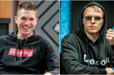 Kuvassa vasemmalla on Doug Polk ja oikealla Ossi Ketola. Molemmilla miehillä on hupparit päällään. Polk nauraa, mutta Ketola on vakavana.