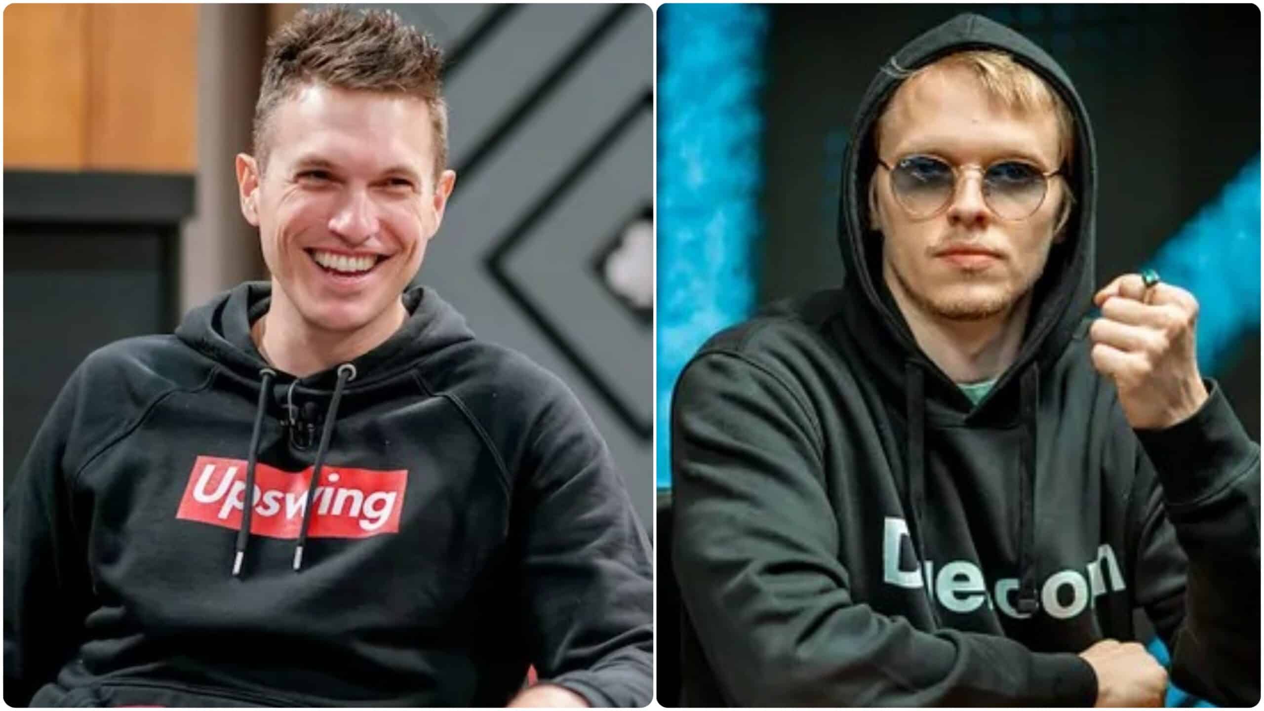 Kuvassa vasemmalla on Doug Polk ja oikealla Ossi Ketola. Molemmilla miehillä on hupparit päällään. Polk nauraa, mutta Ketola on vakavana.