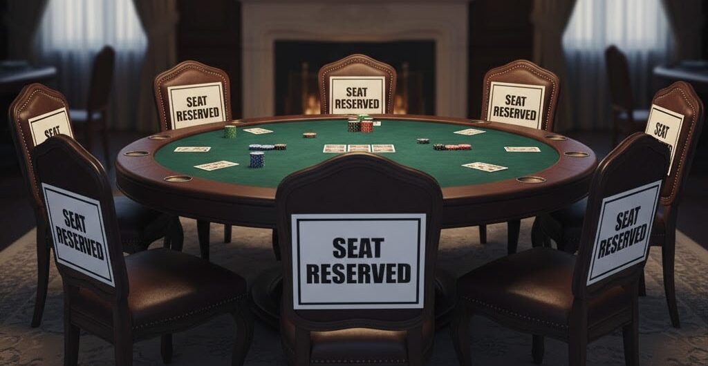 Kuvituskuva, jossa on tyhjä pokeripöytä jossa kaikki paikat on varattu.
