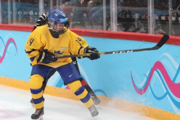 Jääkiekkoottelussa Ruotsin maajoukkuepaidassa pelaaja nostaa mailaa