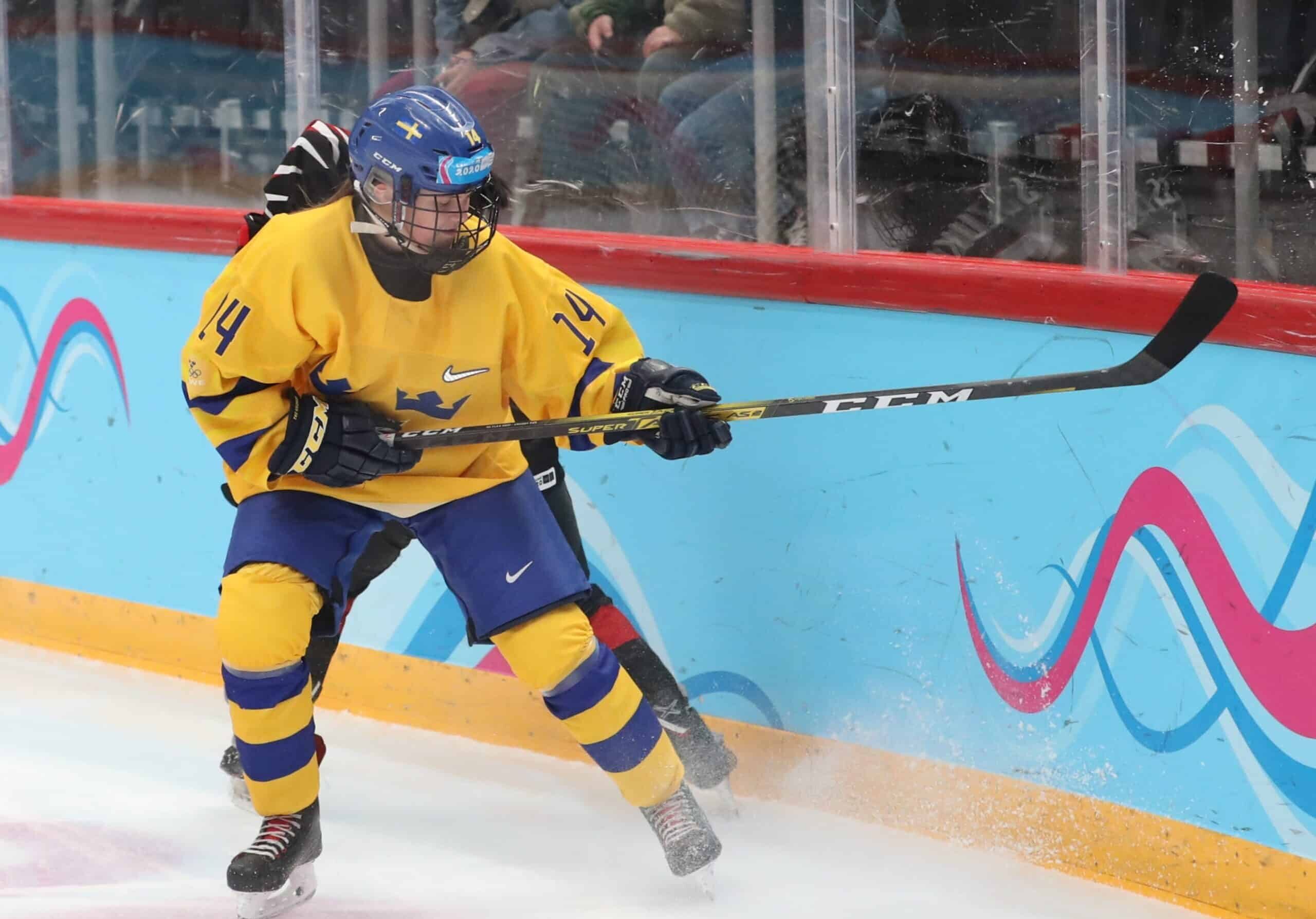 Jääkiekkoottelussa Ruotsin maajoukkuepaidassa pelaaja nostaa mailaa