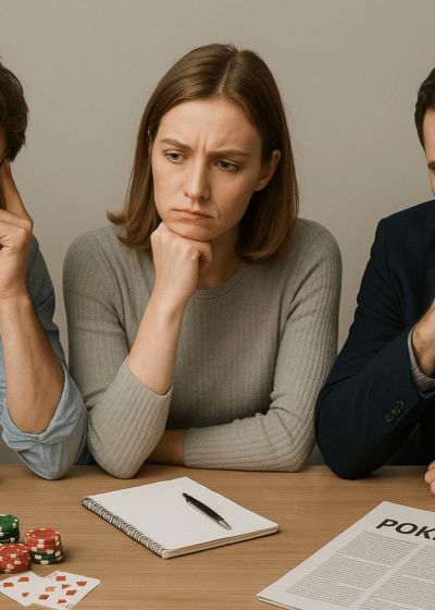 Kolme henkilöä istuu pöydän ääressä. Heillä on kasvoilla mietteliäät ilmeet. Heidän edessään pöydällä on pelimerkkrjä ja vihko.