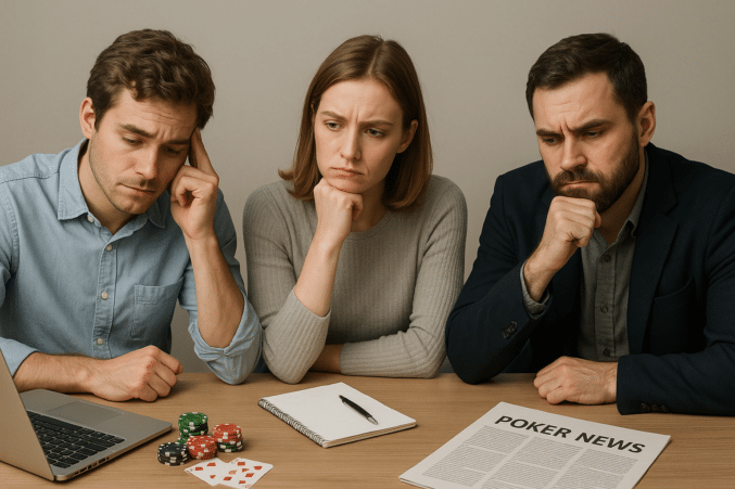 Kolme henkilöä istuu pöydän ääressä. Heillä on kasvoilla mietteliäät ilmeet. Heidän edessään pöydällä on pelimerkkrjä ja vihko.