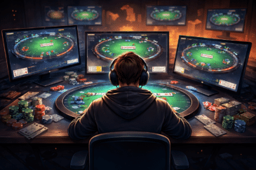 Pelaaja istuu työpöydän ääressä kuulokkeet päässä ja katsoo edessään olevia näyttöjä, joilla näkyy useita virtuaalisia pokeripöytiä. Näytöt valaisevat huonetta vihertävällä ja sinertävällä valolla.