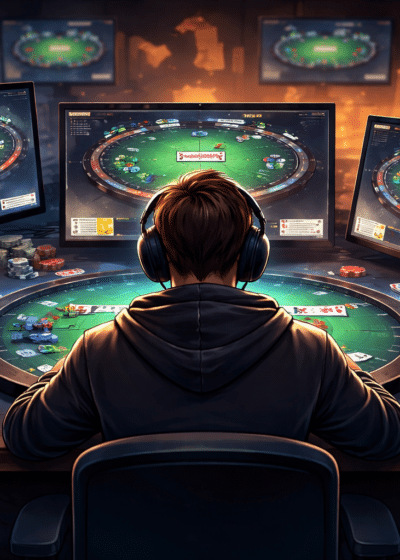 Pelaaja istuu työpöydän ääressä kuulokkeet päässä ja katsoo edessään olevia näyttöjä, joilla näkyy useita virtuaalisia pokeripöytiä. Näytöt valaisevat huonetta vihertävällä ja sinertävällä valolla.